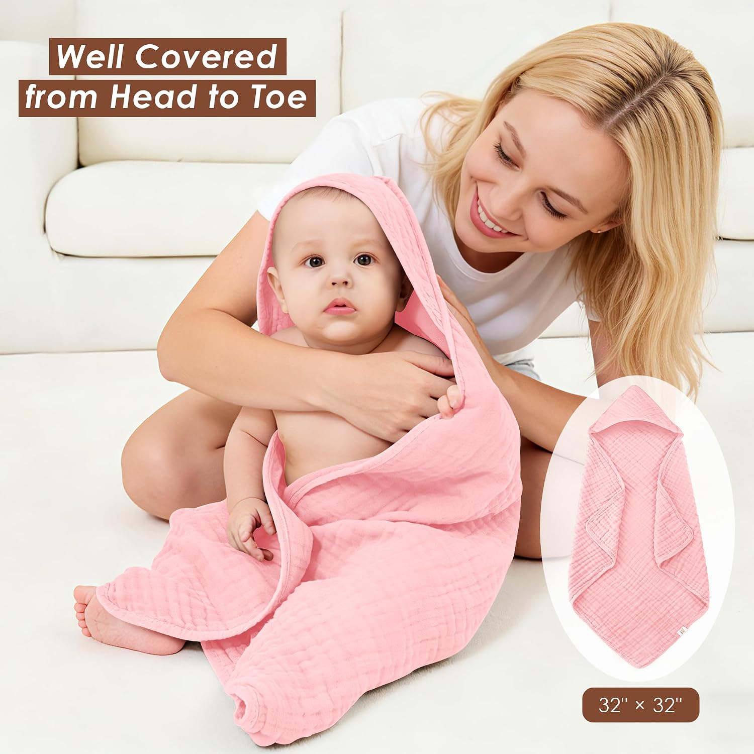 Ease Cubs 3-Pack Muslin Hooded Baby Towels, 100% Cotton, Ultra-Soft & Absorbent Baby Bath Towels with Hood for Babies, Infant, Toddler and Newbron (Pink and Sakura Series,32" x 32")
