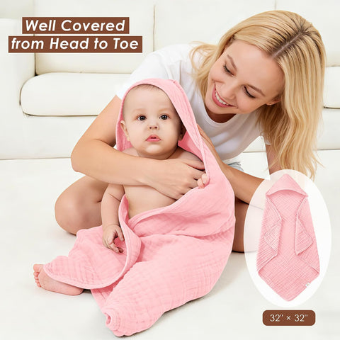 Ease Cubs 3-Pack Muslin Hooded Baby Towels, 100% Cotton, Ultra-Soft & Absorbent Baby Bath Towels with Hood for Babies, Infant, Toddler and Newbron (Pink and Sakura Series,32" x 32")