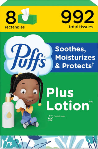 Puffs Facial Tissues Plus Lotion, 8 Family Rectangle Boxes, 124 Facial Tissues per Box, Allergies and Colds (Packaging May Vary)