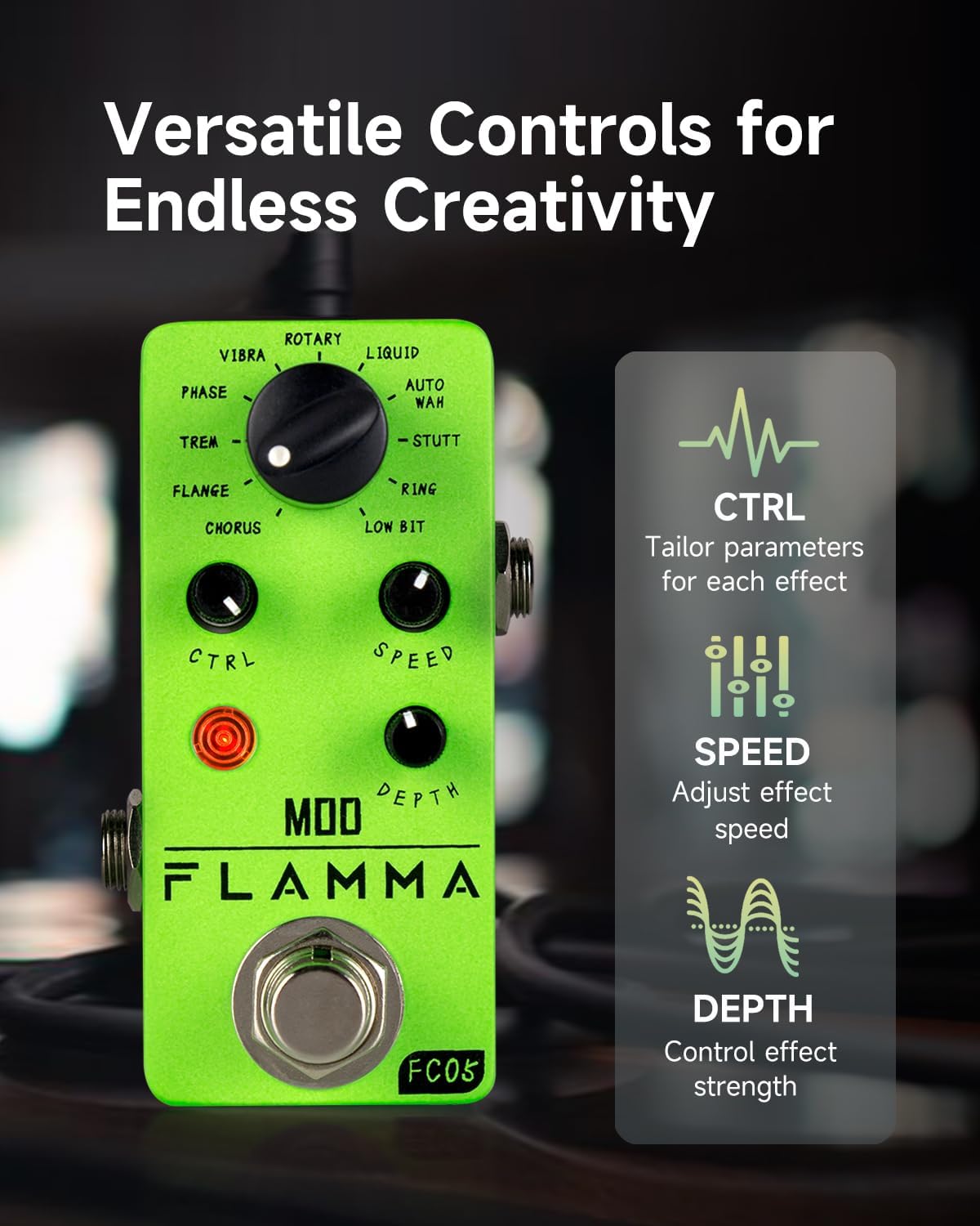 FLAMMA FC05 Modulation Guitar Pedal with Chorus Flanger Tremolo Phaser Vibrato Rotary Liquid Autowah Stutter Ring LowBit