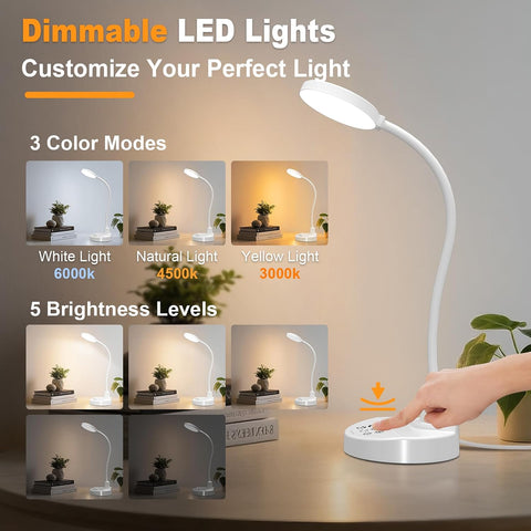 15W LED Desk Lamp with USB Charging Ports, [Button & Remote Control] Dimmable Table Lamp with 3 Color Modes, 5 Brightness Levels, 4 Timers, Flexible Reading Light for Home Office, Bedroom, Kids Study