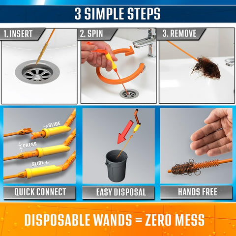 FlexiSnake Drain Weasel Sink Snake Hair Clog Remover Tool Kit, 5 Wands