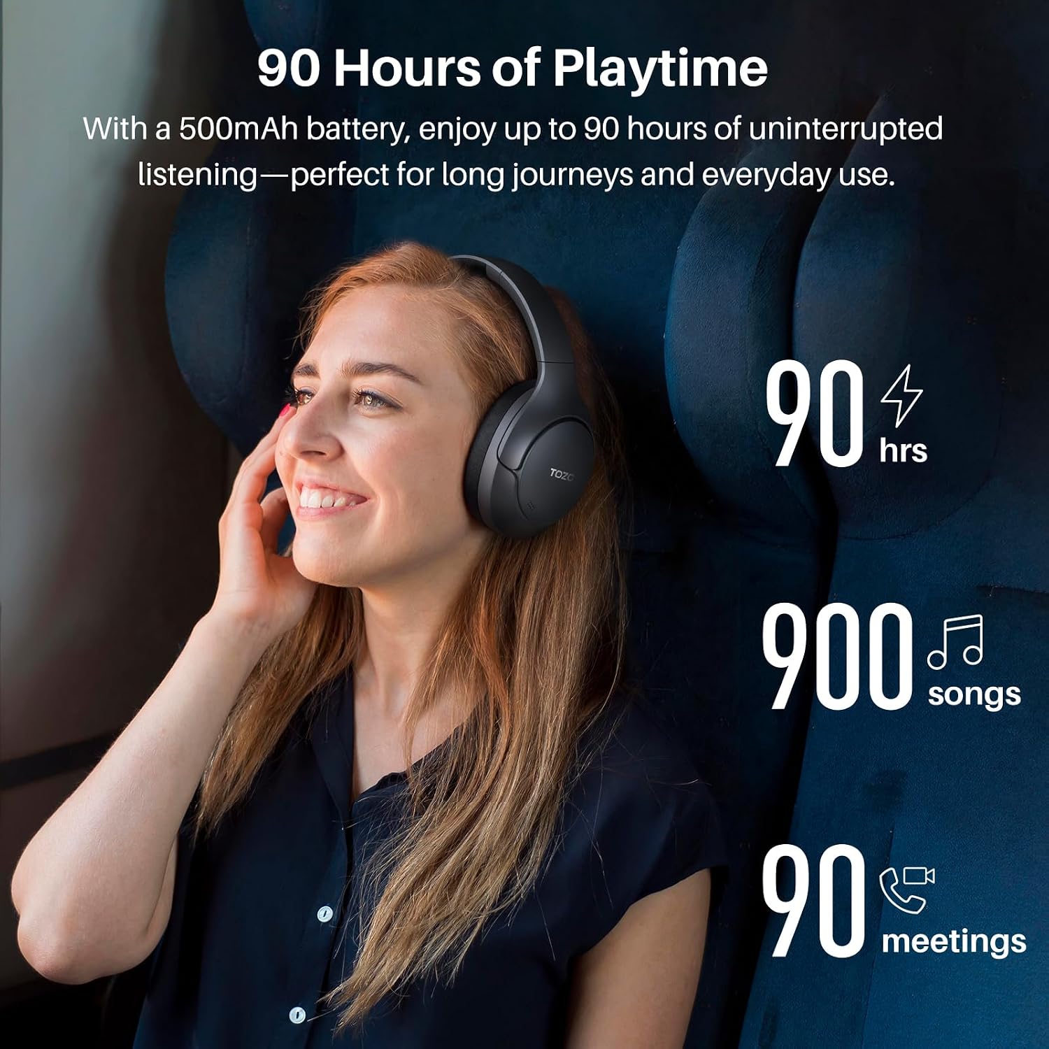 TOZO HT3 Hybrid Noise Cancelling Wireless Headphones, 90H Over Ear Headset