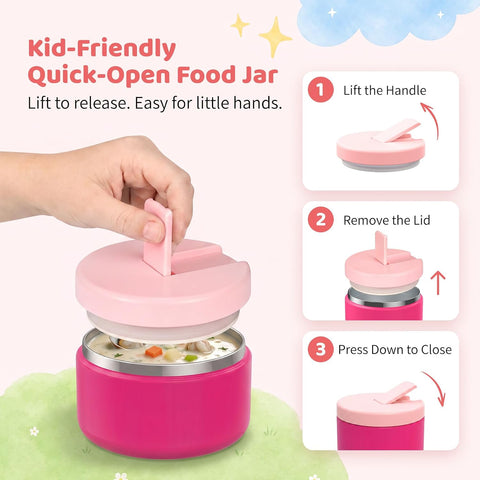 Pawtong Bento Lunch Box with 8oz Soup Thermo, Kids Leakproof Lunch Food Containers with 4 Compartment, Kids Thermo Insulated Hot Food Jar for School, Trvael - (Pink)