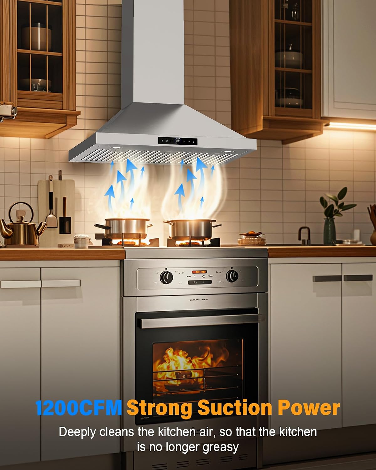 30 Inch Wall Mount Range Hood 1200 CFM, 4-Speed Smart Kitchen Range Hood 30 Inch with Touch Control & Gesture Sensing, 1500 Lumens LED Lights