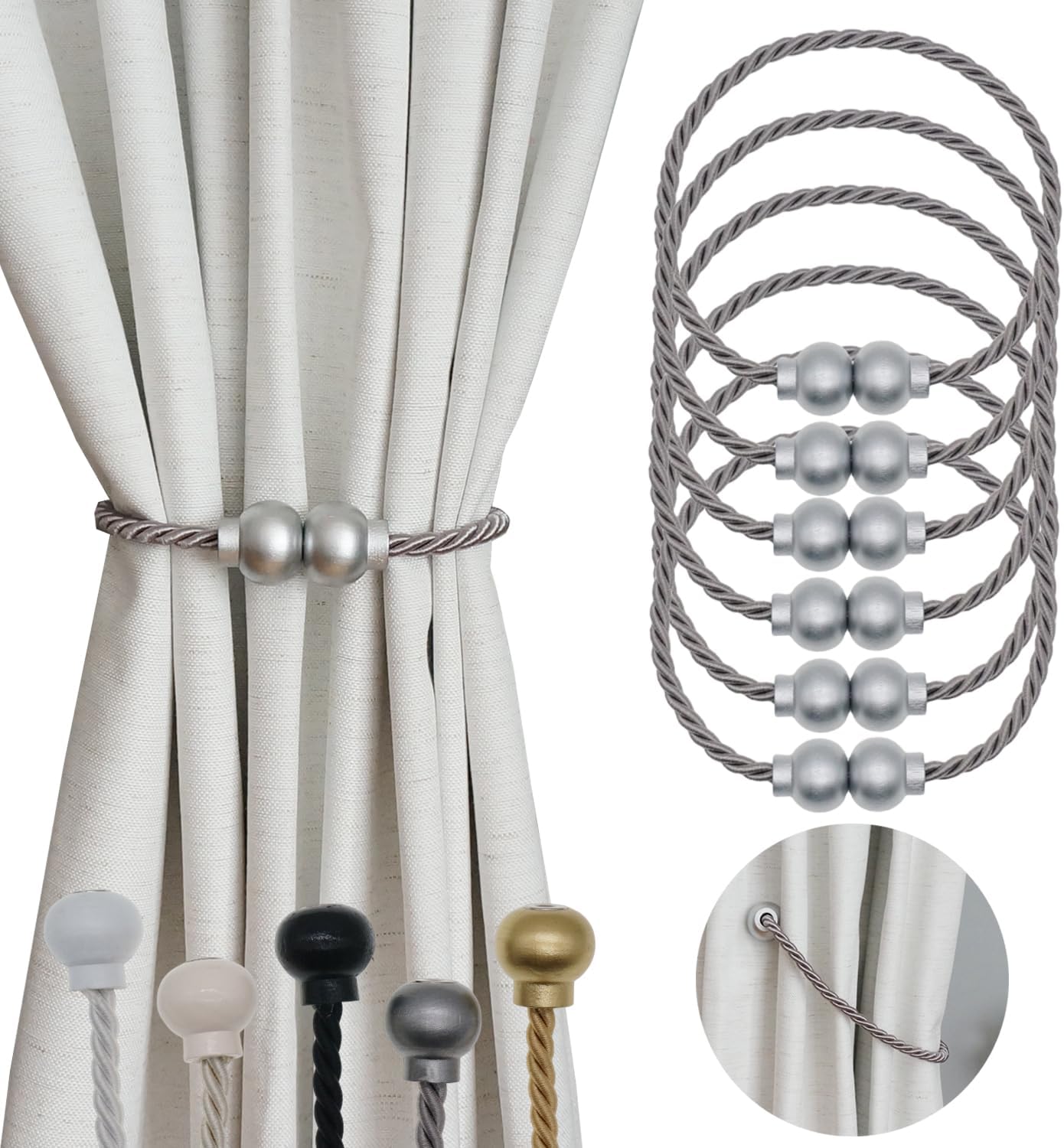 6Pcs Magnetic Curtain Tiebacks Modern Handmade Rope Curtain Tie Backs Grey