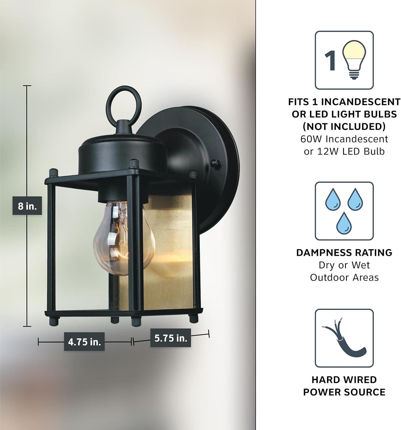 DESIGNERS FOUNTAIN Preston 8 Inch Outdoor Wall Light, Black, 1161-BK