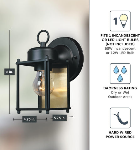 DESIGNERS FOUNTAIN Preston 8 Inch Outdoor Wall Light, Black, 1161-BK