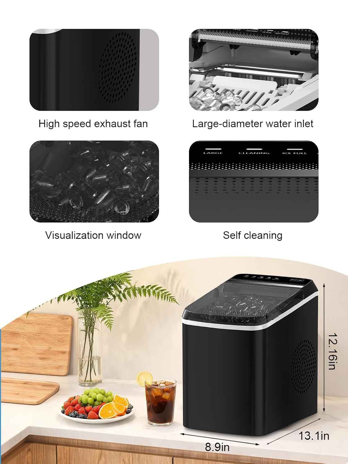 KRIB BLING Portable Ice Cube Machine, Countertop Ice Maker, Black