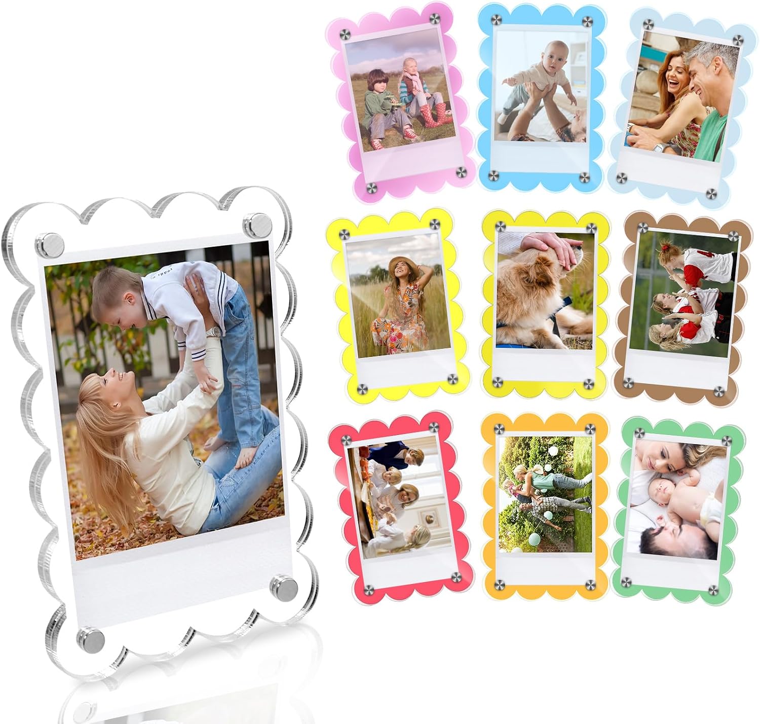 10 Pack 2.36 x 3.54 Inch Acrylic Fridge Magnetic Frame Scalloped, Double Sided Polaroid Frame, Magnet Picture Frames for Fridge suit Fujifilm Instax Mini, Frames for Fridge/Locker, Colorful Set