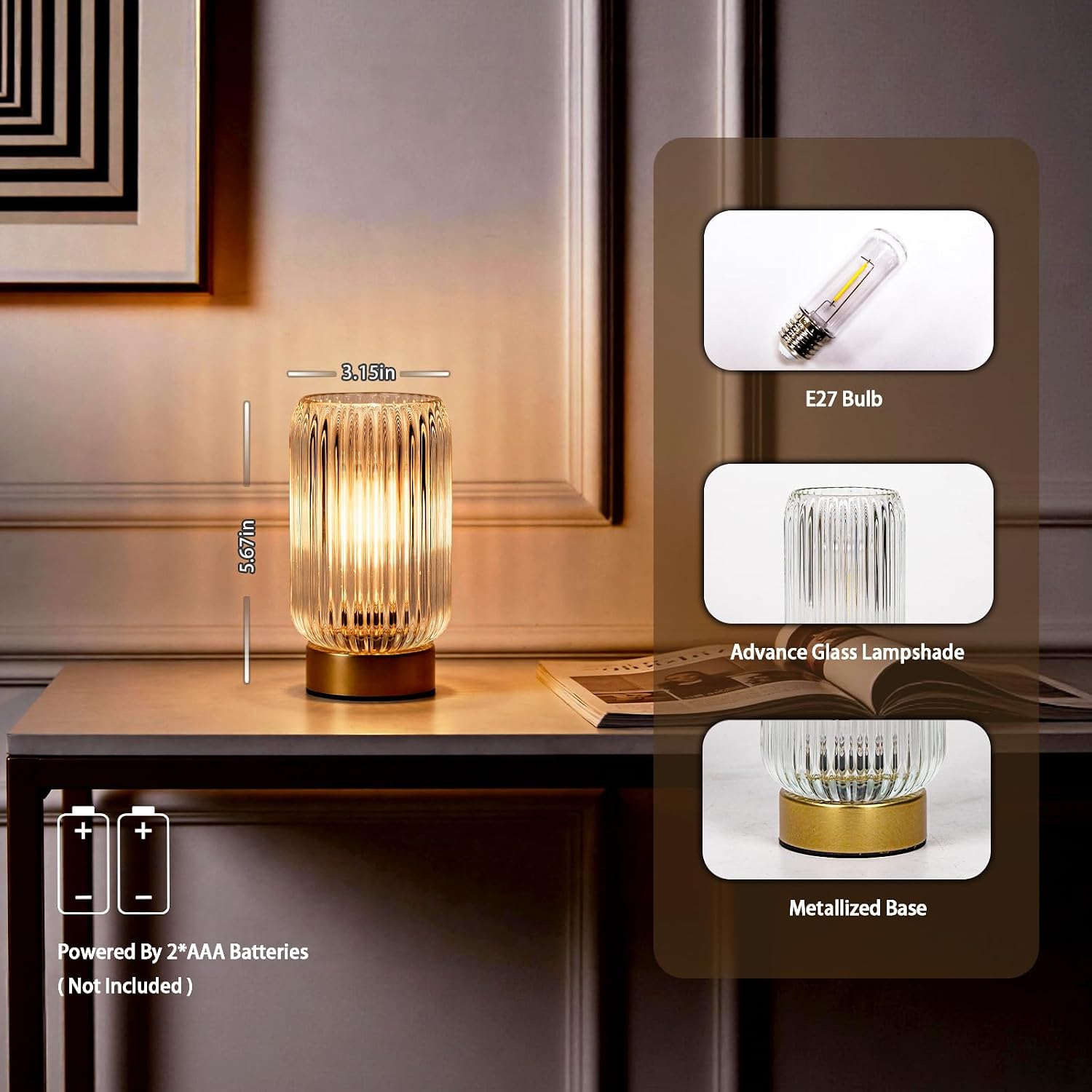 MJ PREMIER Battery Operated Lamp, Small Cordless Lamp with Timer, Clear