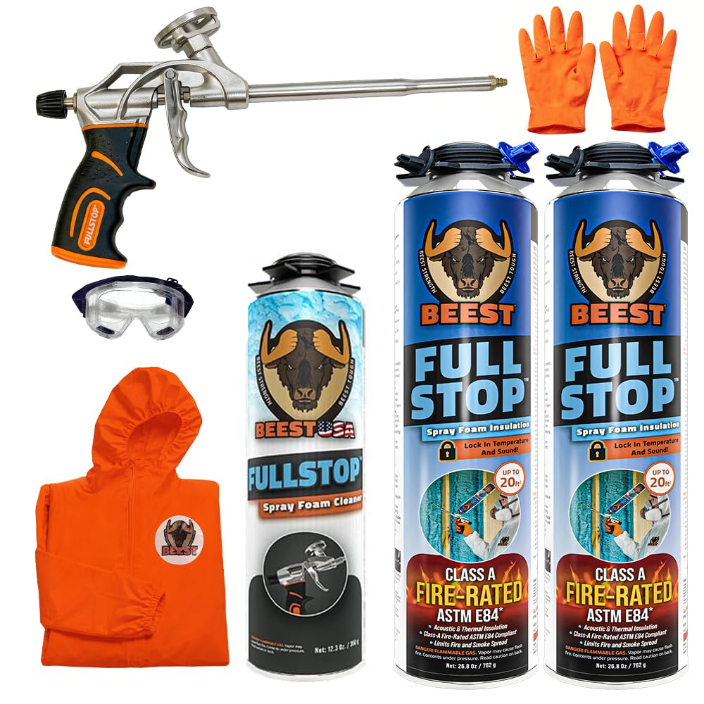 BEEST FullStop Spray Foam Insulation Kit - 40 Board ft/sq.ft. Fire Rated Spray Insulation Foam for Walls & Attics with Thermal & Soundproofing - Includes 2X Cans, 1 Cleaner, Pro X Gun, Safety Gear