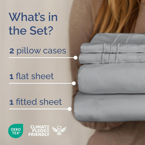 Queen Size 4 Piece Sheet Set - Breathable & Cooling Sheets - Steel Blue