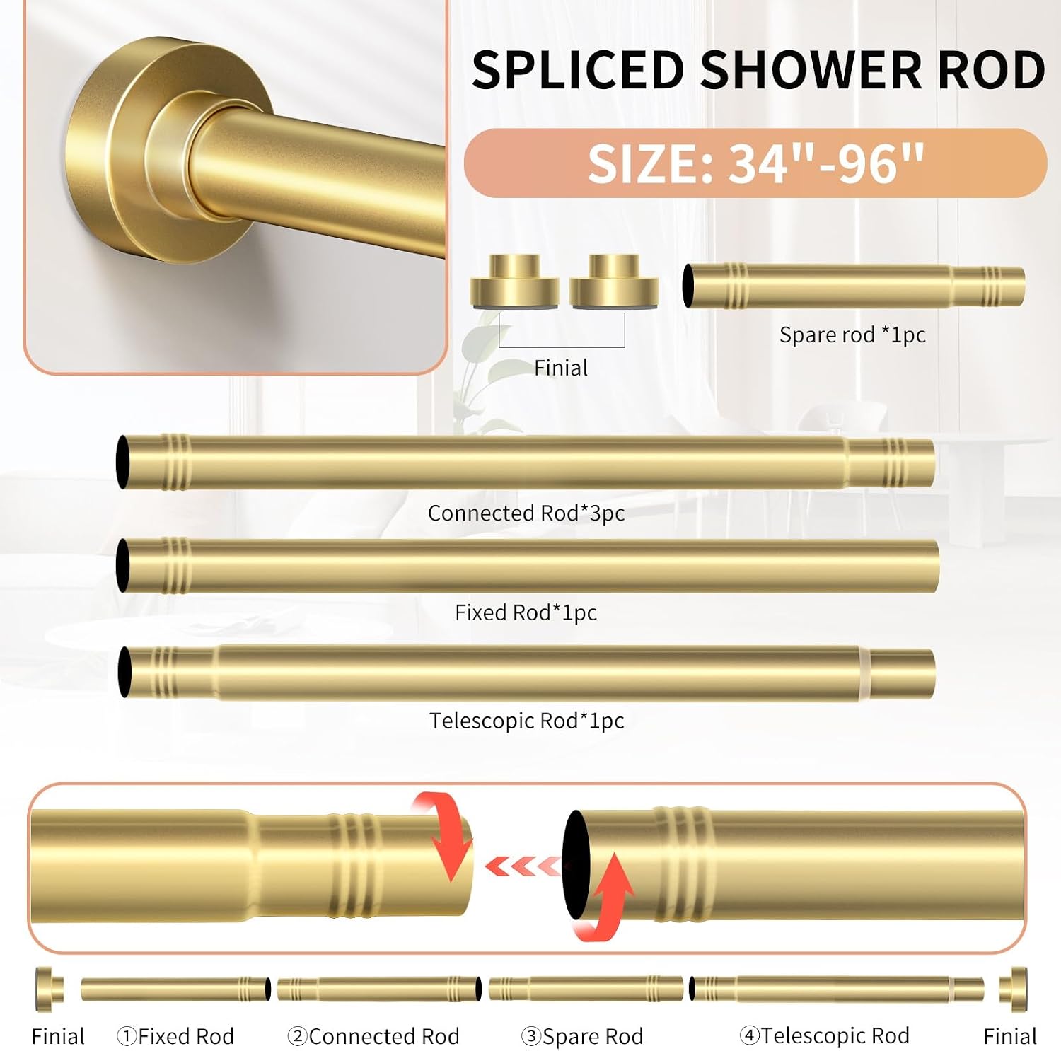 Gold Shower Curtain Rod 34-96 Inch (2.8-8ft) Adjustable Shower Rod
