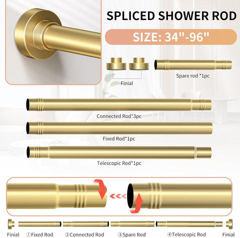 Gold Shower Curtain Rod 34-96 Inch (2.8-8ft) Adjustable Shower Rod