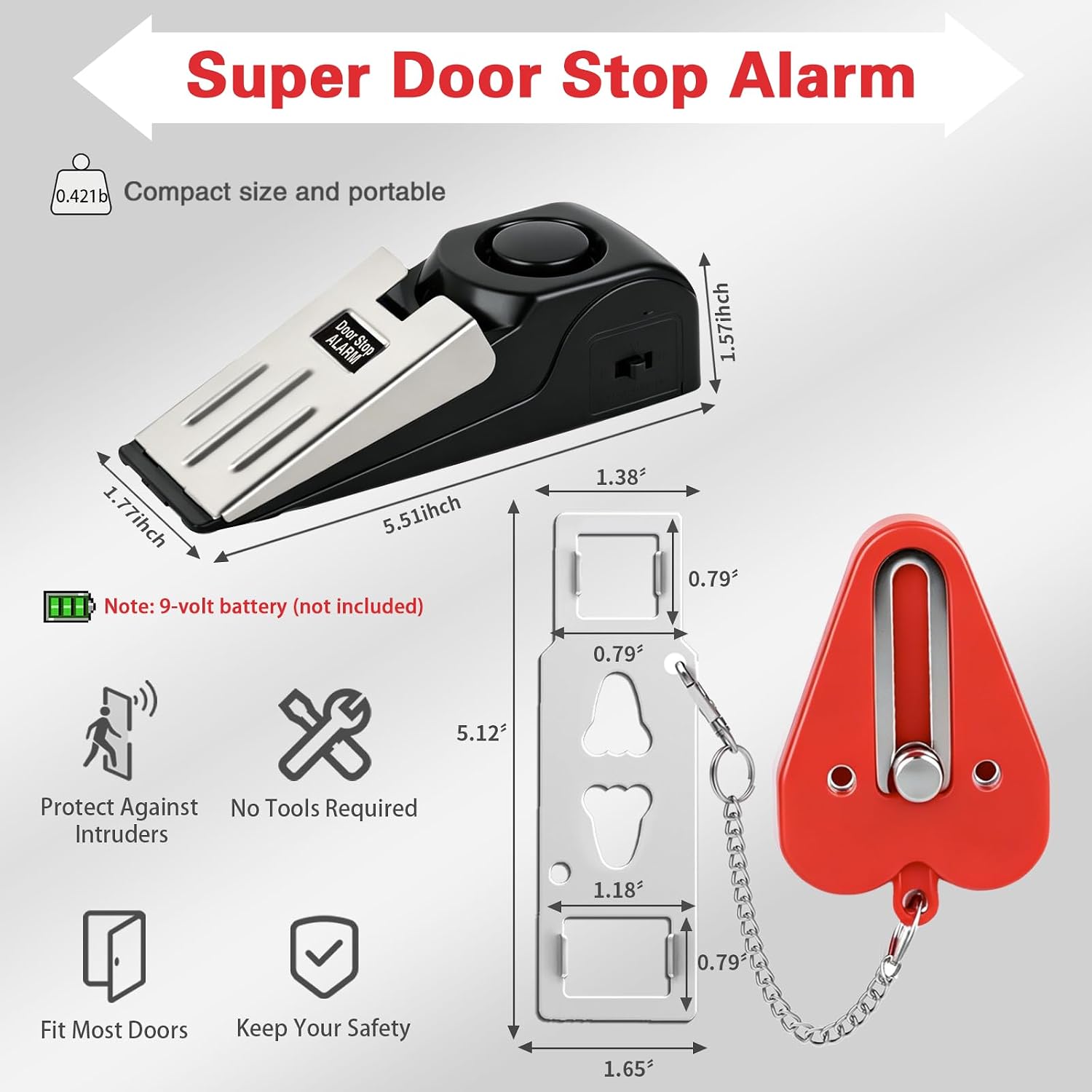Portable Door Lock & Door Stop Alarm Set, Dual Protection Home Security Door Kit, Travel Hotel Lock Devices Pocket Self Defensey Tools for Traveling Hotel Home Apartment,Red