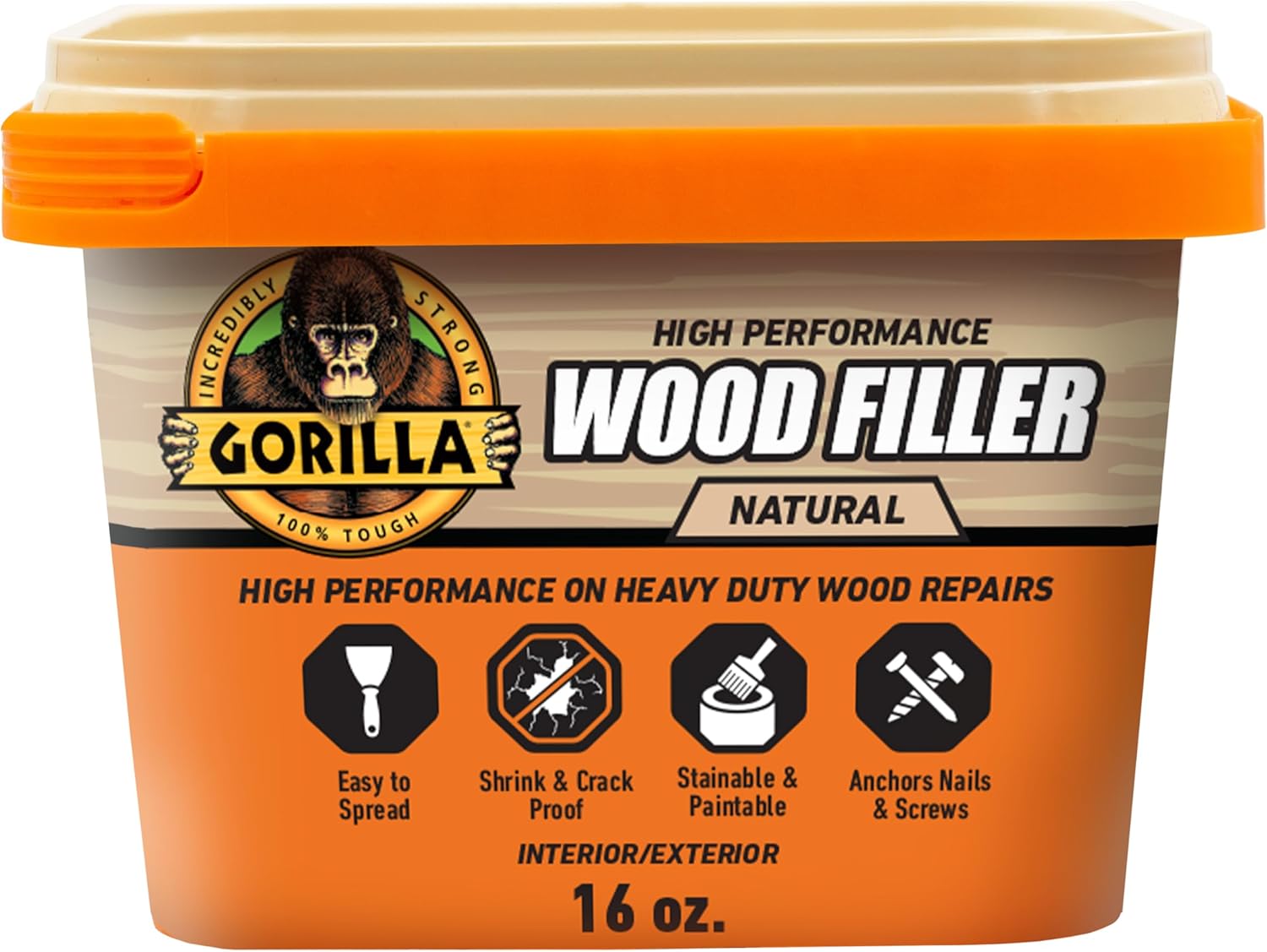 Gorilla All Purpose Wood Filler, Natural Finish, 16 oz Tub, 1-Pack