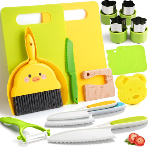 Kids Kitchen Tools,18 Pieces Toddler Cooking Sets Real-Montessori Cooking Set for Toddlers Kids Chef Set with Children Safe Knives Cutting