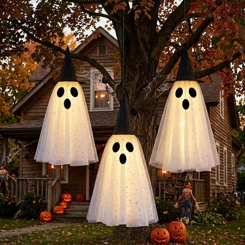 Halloween Hanging Ghost with Witch Hat, Halloween Ghost Decorations Outdoor