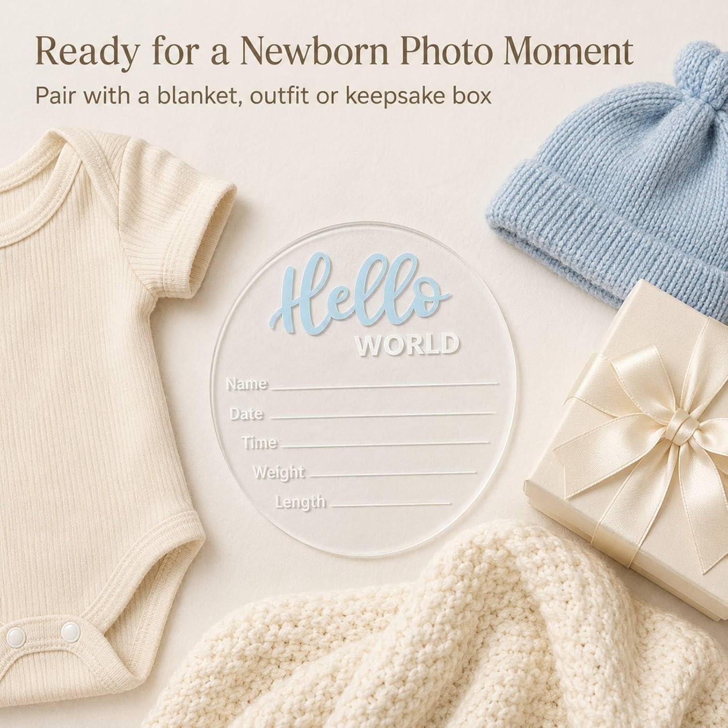 Baby Announcement Sign, 5.9 Inch“Hello World” Newborn Sign for Birth Announcement, Baby Name & Welcome Baby Board, Acrylic Newborn Announcement Sign for Hospital (Blue)