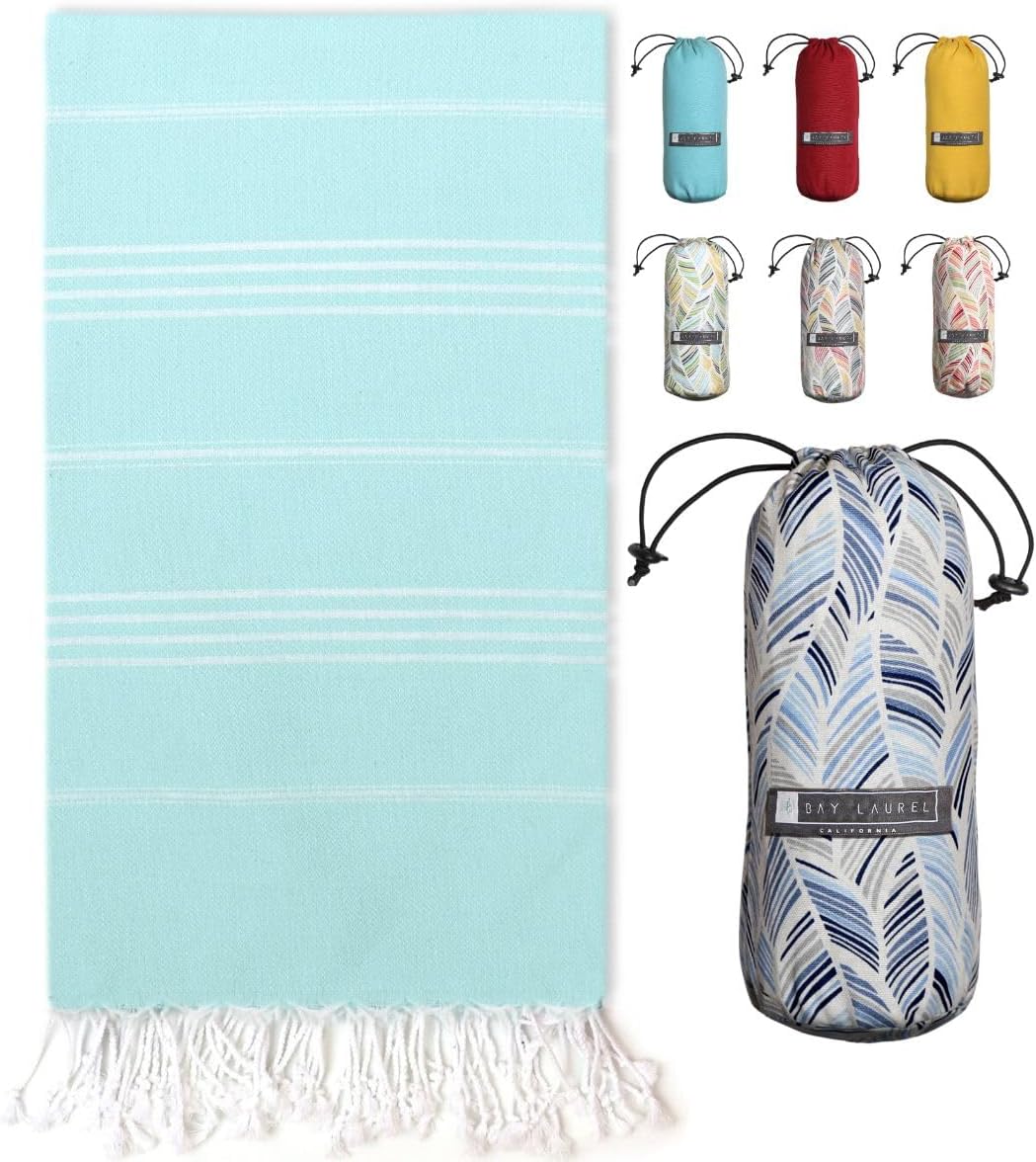 BAY LAUREL Turkish Beach Towel with Travel Bag 39 x 71 Quick Dry Sand Free Lightweight Large Oversized Towels Light - (Aqua with Blue Floral Bag)