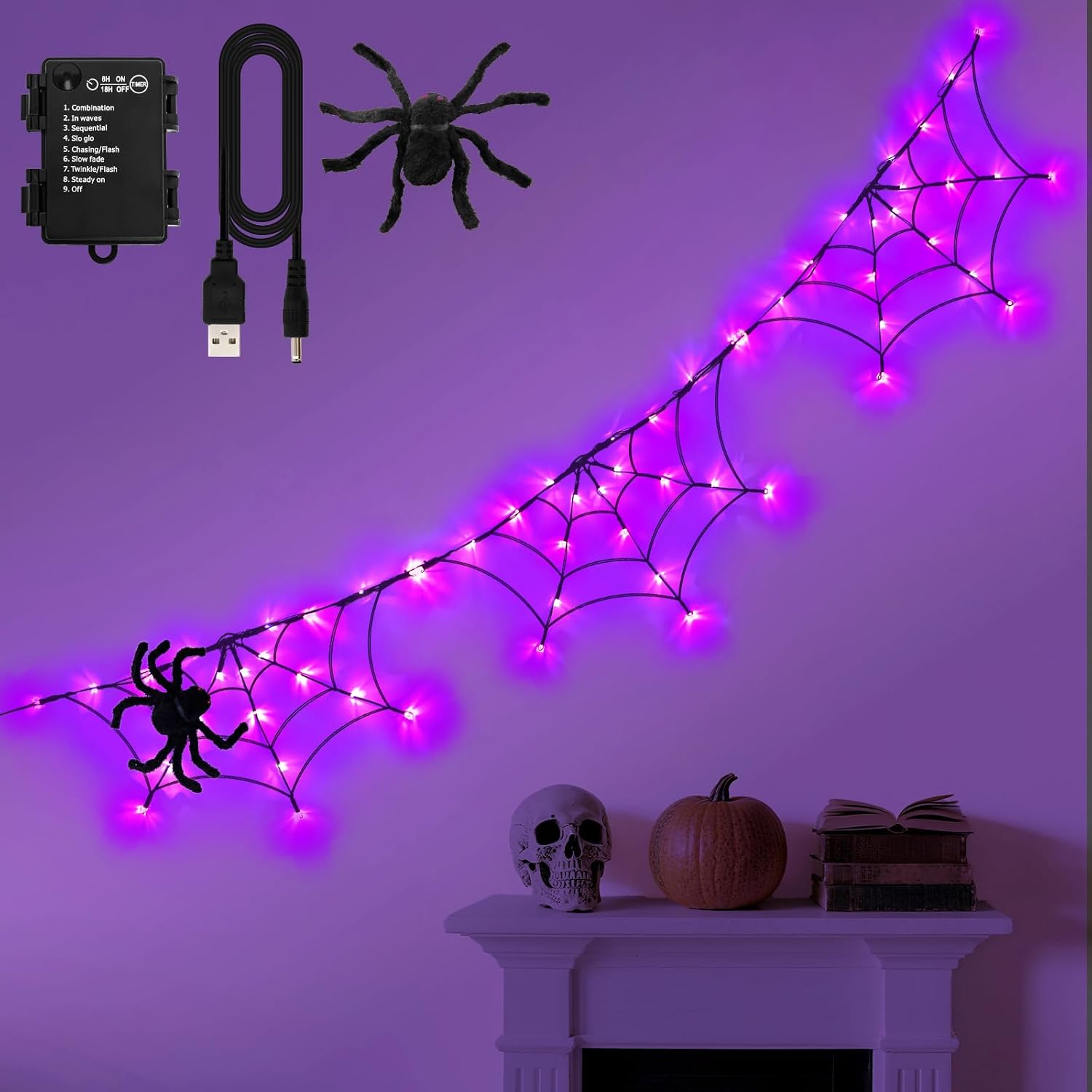 Halloween Decorations Spider Web Lights 6FT 60LED Battery Operated/USB Powered with Black Spider with Timer 8 Modes Indoor Outdoor for Halloween Decor, Purple