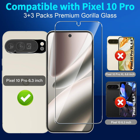 letosan 3 Pack for Google Pixel 10 Pro Screen Protector Tempered Glass + 3 Pack Camera Lens Protector, Military Grade Shatterproof, 9H Hardness, Fingerprint Unlock,Case Friendly 6.3 Inch