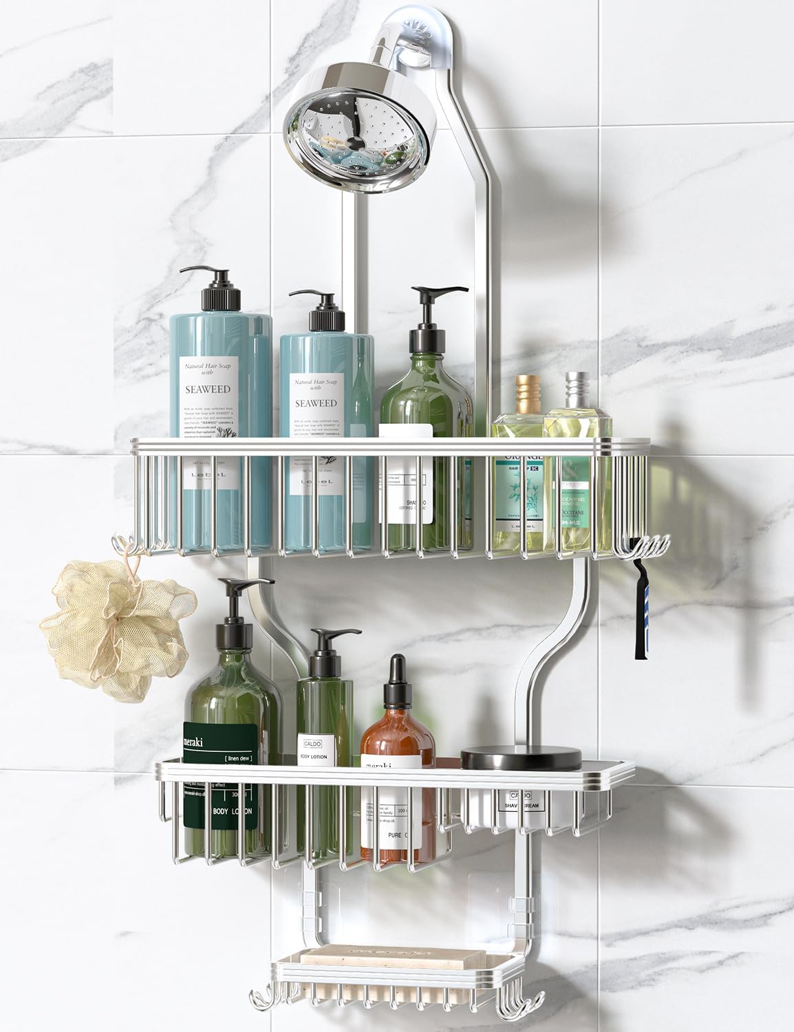 YASONIC Never Rust Shower Caddy Hanging, Aluminum Shower Racks for Inside Shower, 3-Tier Shower Organizer Hanging Over Shower Head with Hooks and Soap Holder, Silver