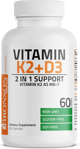 Bronson Vitamin K2 D3 (MK7) Supplement 2-in1 D3 & K2 Complex, 60 Capsules