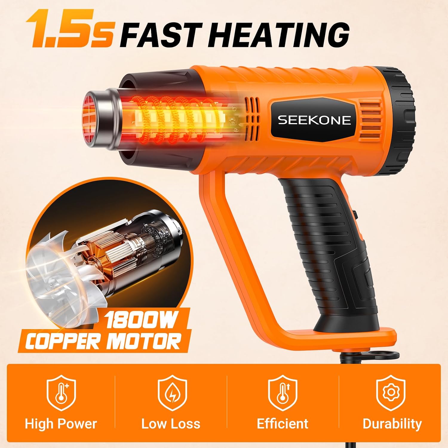 SEEKONE Heat Gun 1800W with 1112℉&752℉ 2 Temperature Settings for Crafting