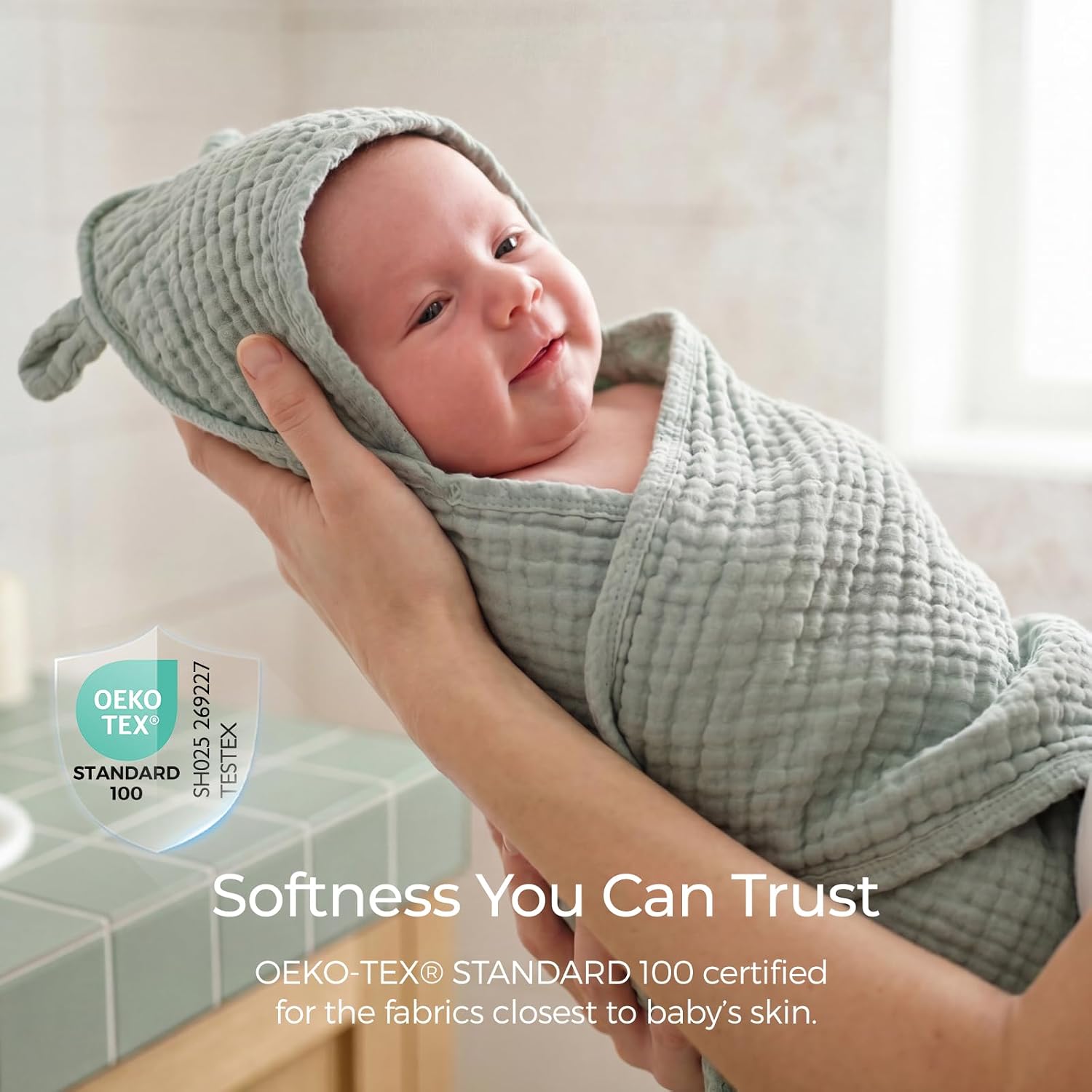 Momcozy 6-Layer Muslin Cotton Baby Towels with Hood, 32x32 Inch, Blue