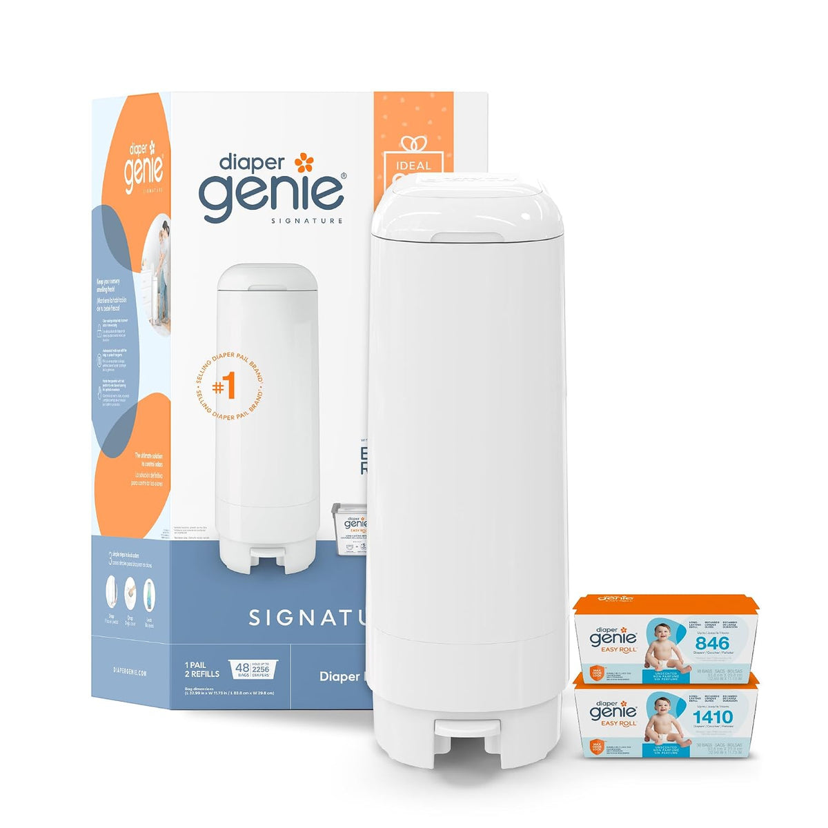Diaper Genie Signature Pail Gift Set with 2 Easy Roll Refills, 48 bags