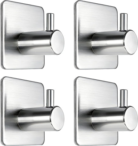 Fotosnow Adhesive Towel Hooks 15lbs Heavy Duty Wall Hooks Waterproof Stainless Steel Hanger for Hanging Coat, Hat, Towel Robe Hook Rack Wall Mount- Bathroom and Bedroom 4-Packs