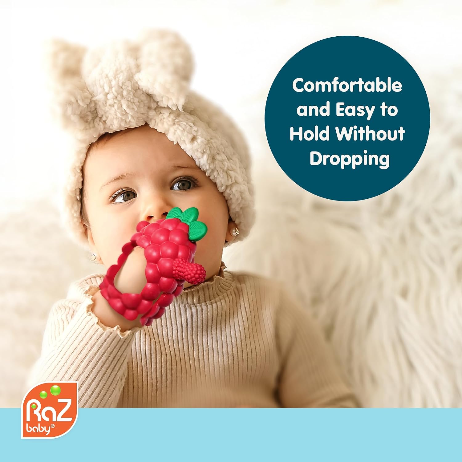 RaZbaby RaZberry Grip Silicone Teether Toy for 3M+ | Drop Resistant Hand Held Teether for Babies and Infants - Designed by Nature with Our Patented BerryBumps Multitextured Design | 3M+, Red