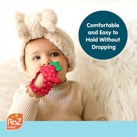 RaZbaby RaZberry Grip Silicone Teether Toy for 3M+ | Drop Resistant Hand Held Teether for Babies and Infants - Designed by Nature with Our Patented BerryBumps Multitextured Design | 3M+, Red