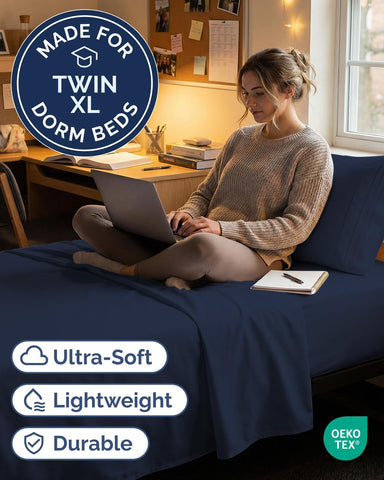 Twin XL 3 Piece Sheet Set - College Dorm Room Essentials - Navy Blue