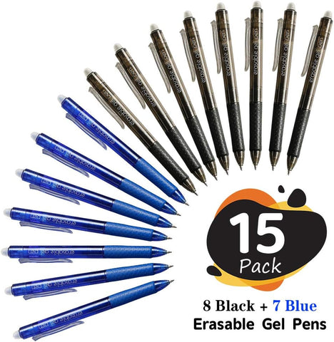 Lineon Erasable Gel Pens, 15 Pack Retractable Erasable Pens Clicker, Fine Point, Make Mistakes Disappear, 8 Black 7 Blue Inks for School & Office