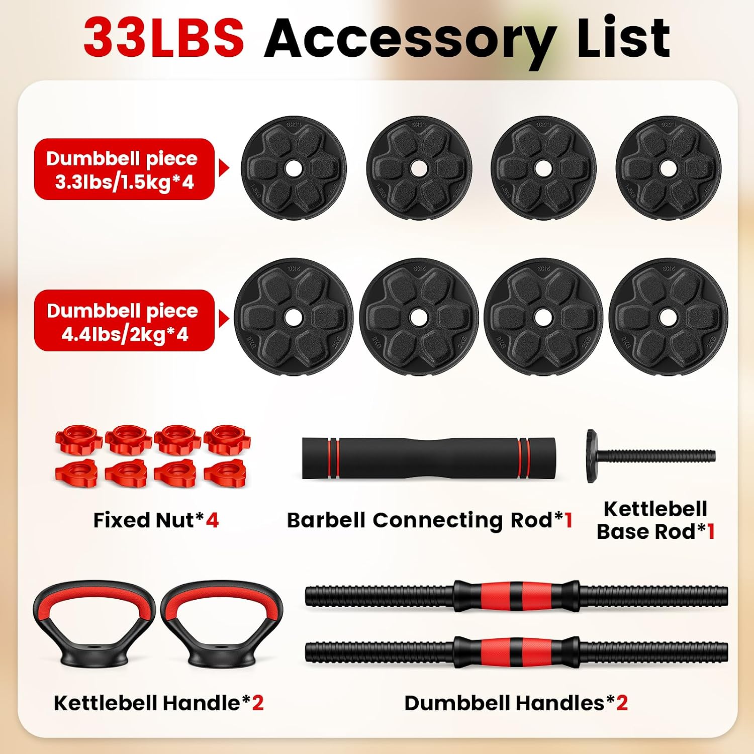 Adjustable Dumbbell Set, 20/33/45/70/90lbs Free Weight Set with Connector, 5-in-1 Dumbbell Set for Barbells, Kettlebells, Push up Stand, Weight Plate, Home Gym Suitable Men/Women