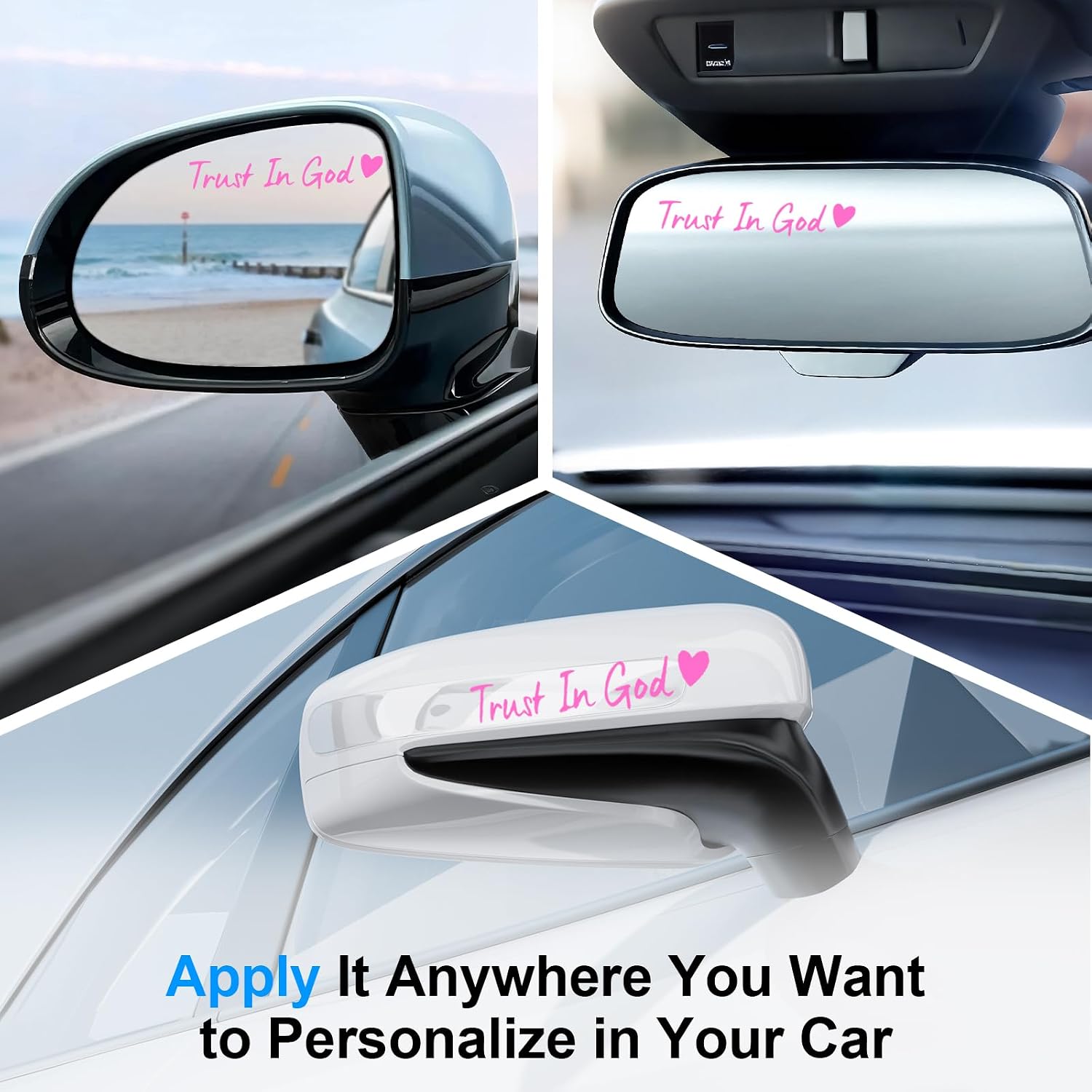 JUSTTOP 4PCS Car Decals,Decorative Rearview Mirror Sticker,Trust in God Car Stickers,Auto Stickers and Decals,Cute Car Decor for Women,Car Accessories,Fits Most Vehicles,Direct-Stick(Pink)