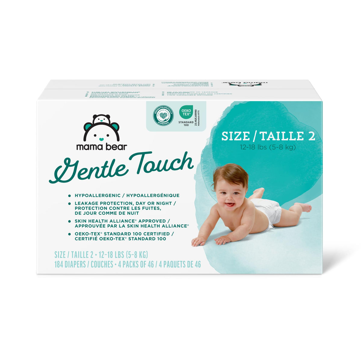 Amazon Brand - Mama Bear Gentle Touch Diapers, Hypoallergenic, Size 2, 184 Count (4 packs of 46), White