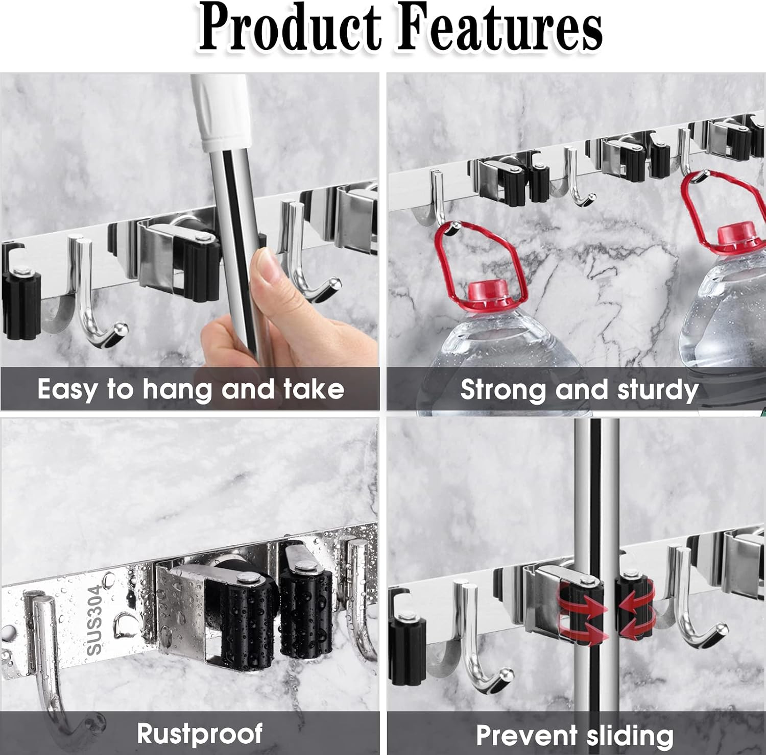 2 Pack Broom Holder Wall Mount, 5 Racks 4 Hooks Mop and Broom Organizer