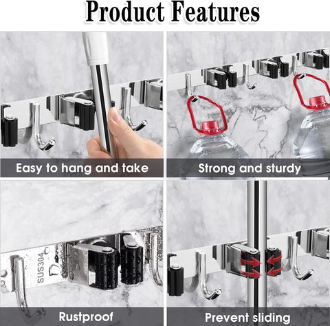 2 Pack Broom Holder Wall Mount, 5 Racks 4 Hooks Mop and Broom Organizer