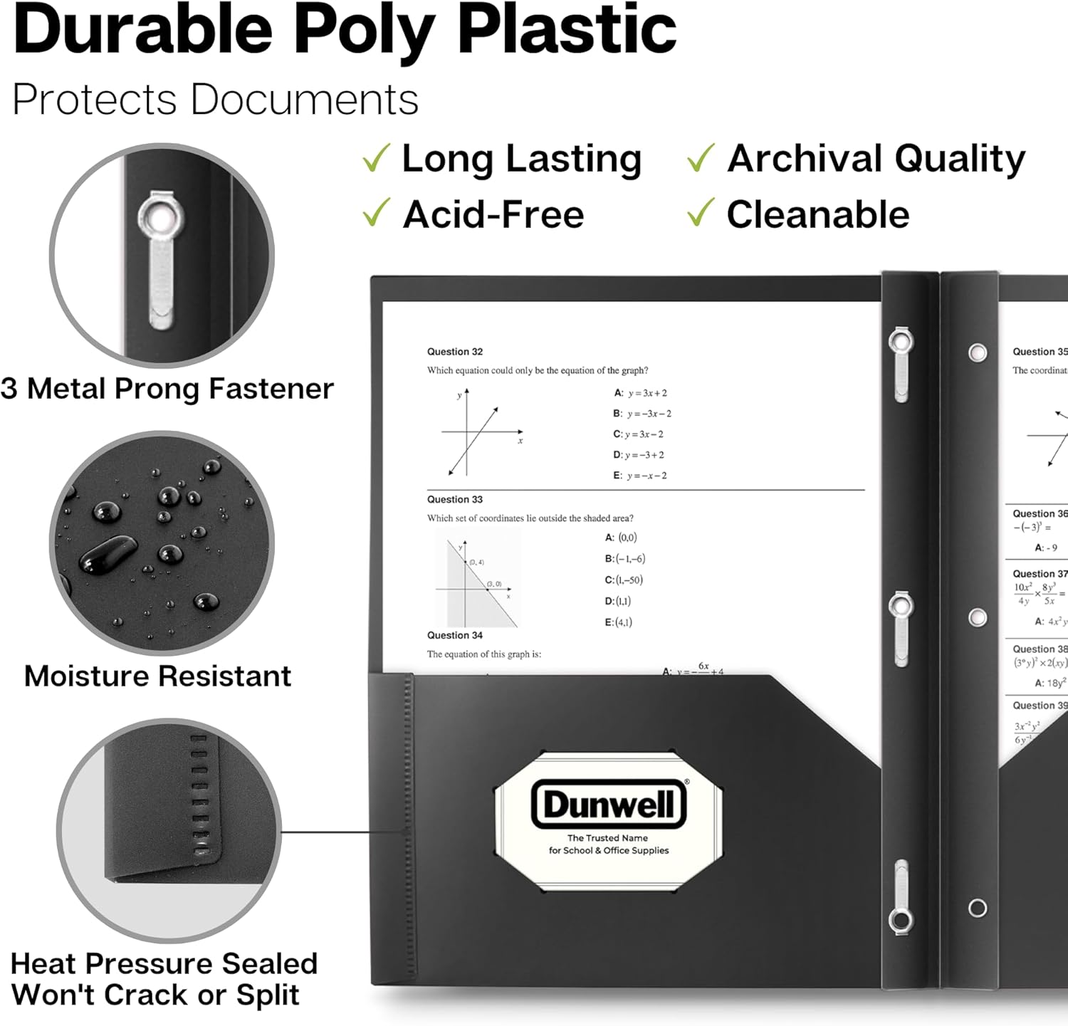 Dunwell Plastic 2-Pocket Folders with 3 Prongs, Black, 2 Pack, Poly