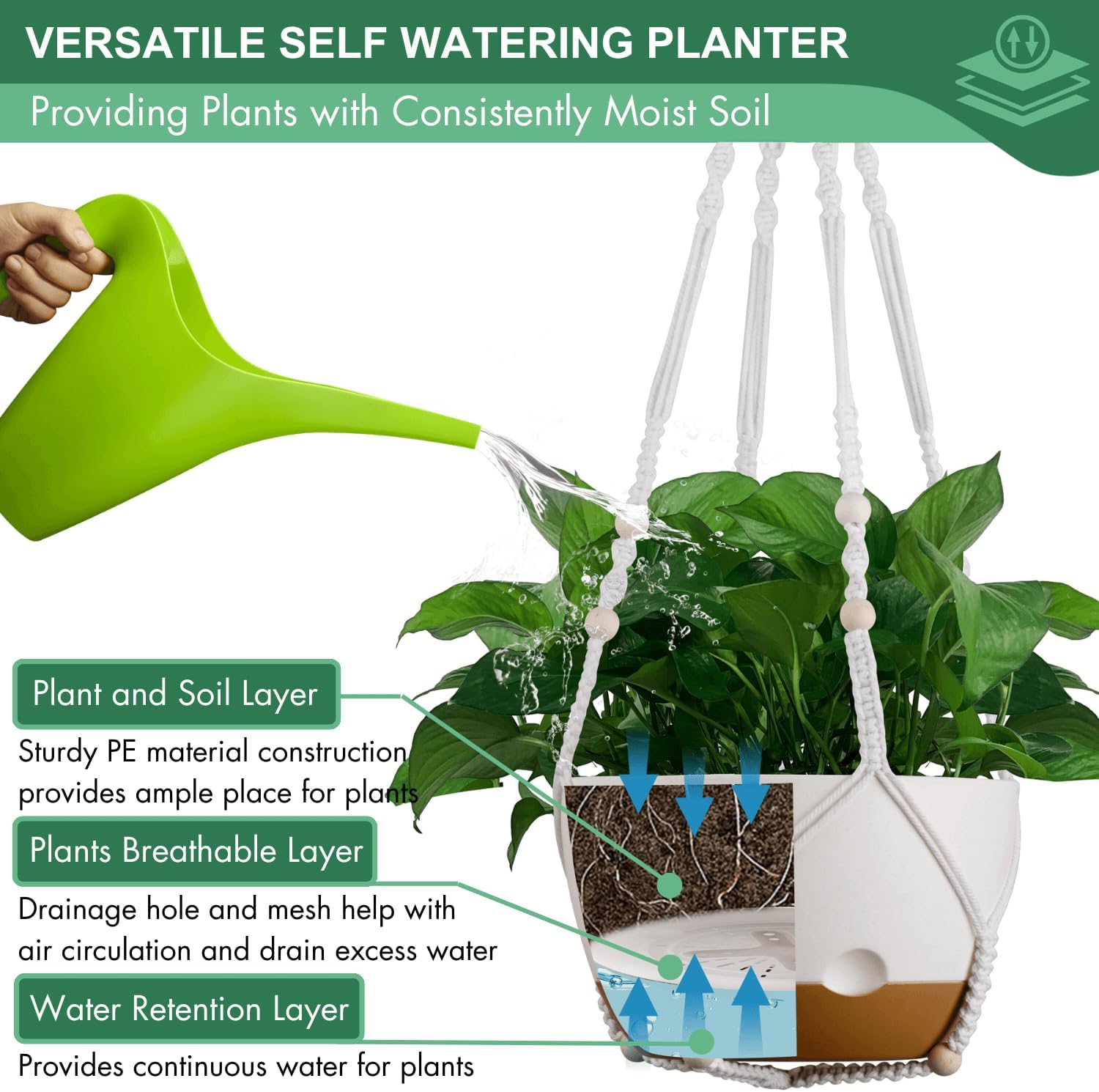 8 Inch Self Watering Hanging Plant Pot with Drainage Holes for Indoor