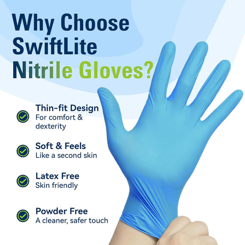 SWIFTLITE Blue Nitrile Gloves Disposable Latex Free, Food Safe
