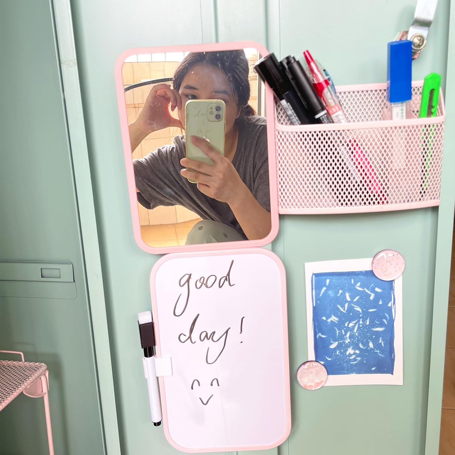 Svartur Magnetic Locker Accessories for Girls with Magnetic whiteboard, Locker Mirror and Magnetic Pen Holder, Pink Locker Decoration for School Locker, Back to School Essentials