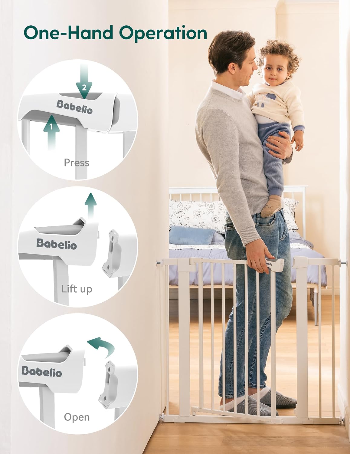 Babelio 29-43" Baby Gate for Stairs, PressGuard P7 Pet Gate, White