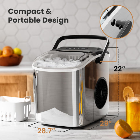 Portable Ice Maker Machine with Handle, 26lbs/24Hrs, 6Mins/9 Ice Cubes, Self-Cleaning with Basket/Scoop, Countertop Ice Makers for Home/Kitchen/Office(Stainless steesl)