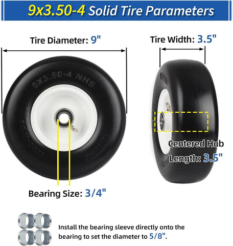 GICOOL 9x3.50-4 Zero Turn Mower Flat Free Tire and Wheel Assembly, Smooth Tread Front Tires for ZTR Mowers, 1/2'' & 3/4" & 5/8" Bearing Bore, Adjustable Centered Hub Length 3.5"-4"-4.5"-5", 2-Pack