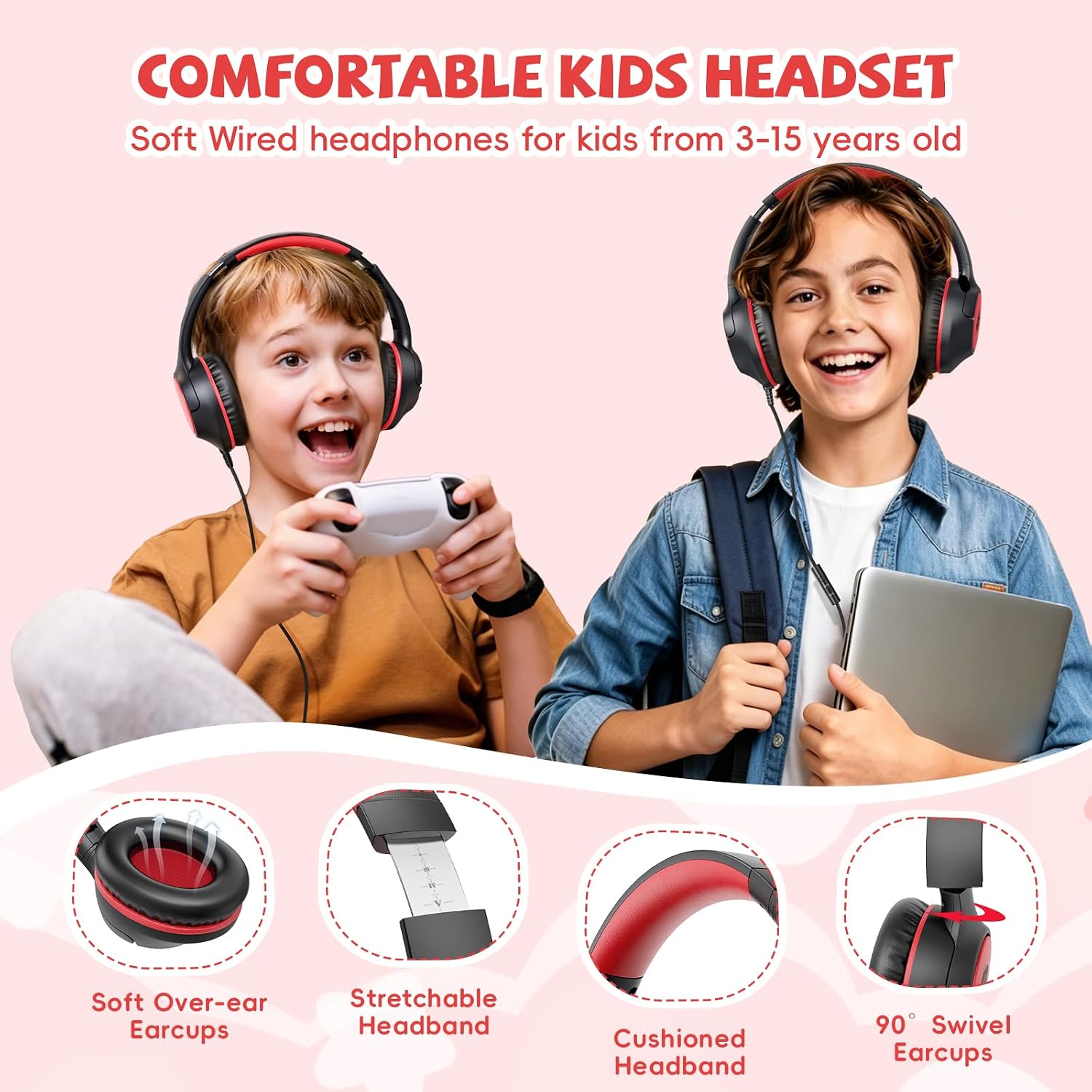 USB C Headphones Wired for Kids, 85/94dB Volume Limit With Mic, Black Red
